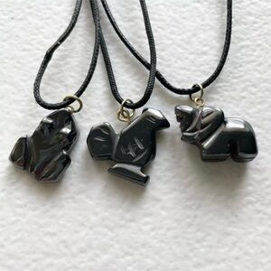3 Hematite Stone Animal Pendant Necklace Frog Chicken Elephant Boho Gothic Vibes